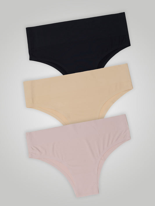 Kit com 3 Calcinhas Biquíni Cintura Alta Sem Costura Segunda Pele (1 Preto, 1 Bege e 1 Rose)