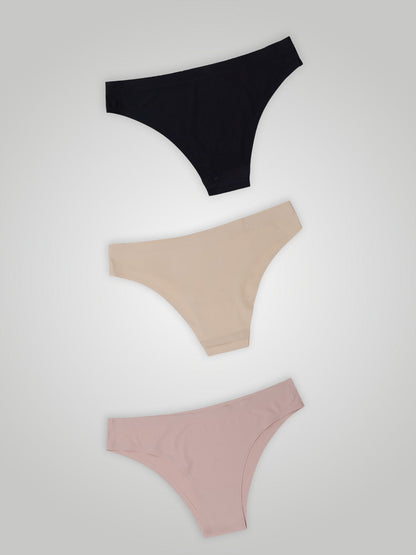 Kit com 3 Calcinhas Biquíni Sem Costura Segunda Pele (1 Preto, 1 Bege e 1 Rose)