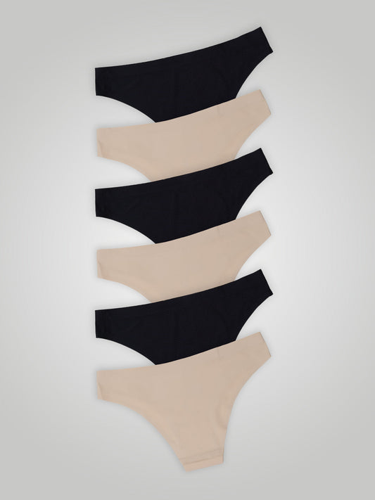 Kit com 6 Calcinhas Biquíni Sem Costura Segunda Pele (3 Preto e 3 Bege)