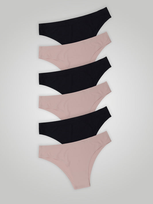 Kit com 6 Calcinhas Biquíni Sem Costura Segunda Pele (3 Preto e 3 Rose)