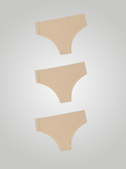 Kit com 3 Calcinhas Biquíni Cintura Alta Sem Costura Segunda Pele Bege
