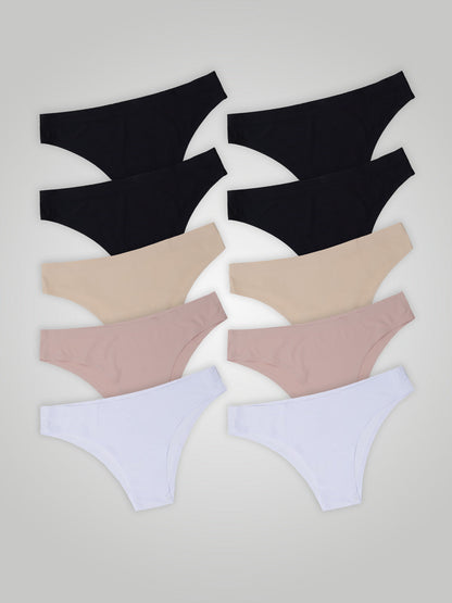 Kit com 10 Calcinhas Biquíni Sem Costura Segunda Pele (4 Preto, 2 Bege, 2 Rose e 2 Branco)