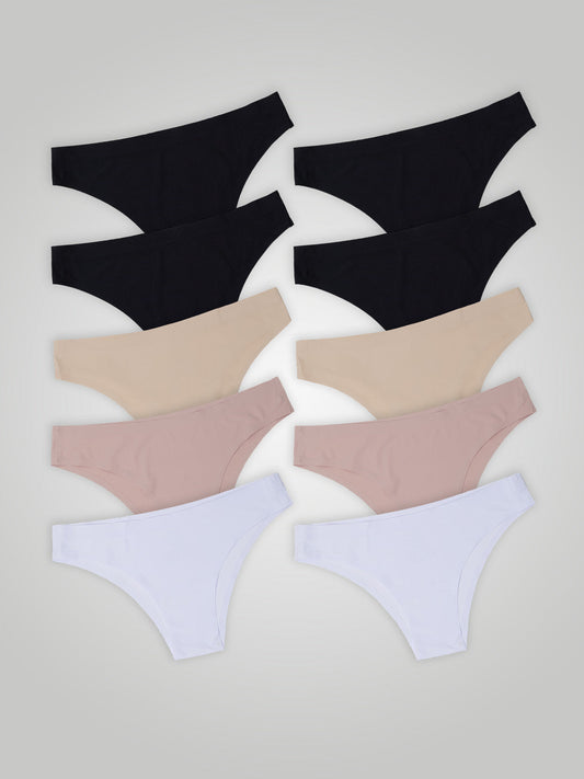 Kit com 10 Calcinhas Biquíni Sem Costura Segunda Pele (4 Preto, 2 Bege, 2 Rose e 2 Branco)
