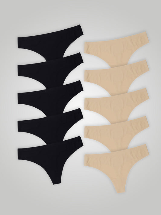 Kit com 10 Calcinhas Fio Dental Sem Costura Segunda Pele (5 Preto e 5 Bege)