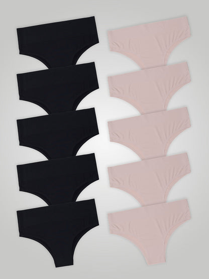 Kit com 10 Calcinhas Biquíni Cintura Alta Sem Costura Segunda Pele (5 Preto e 5 Rose)
