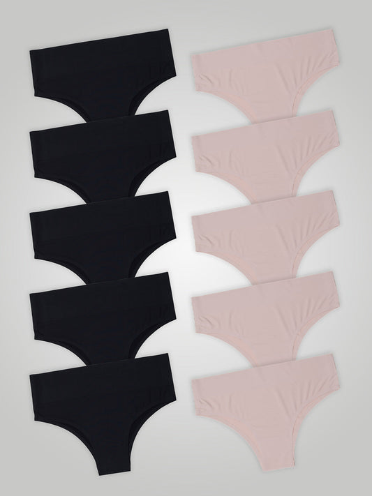 Kit com 10 Calcinhas Biquíni Cintura Alta Sem Costura Segunda Pele (5 Preto e 5 Rose)