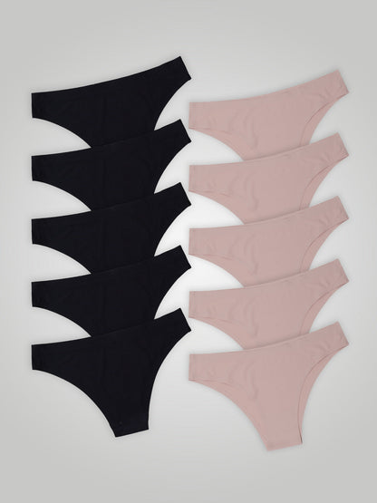 Kit com 10 Calcinhas Biquíni Sem Costura Segunda Pele (5 Preto e 5 Rose)