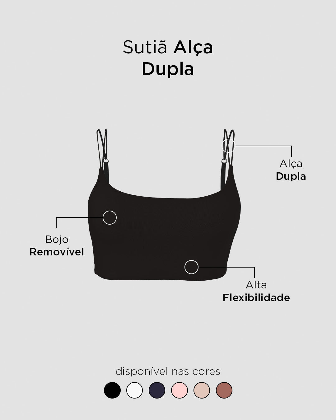 Sutiã Top Alça Dupla com Bojo Removivel Preto