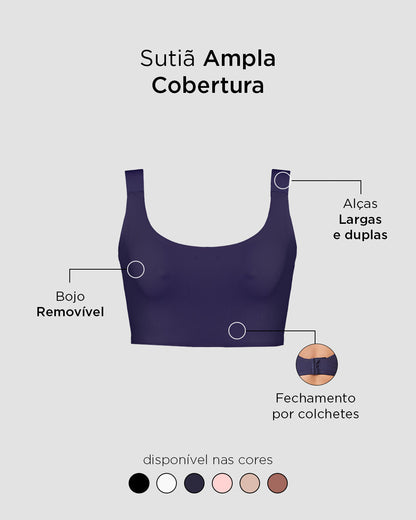 Top Fitness Ampla Cobertura com Bojo Removível Azul Marinho