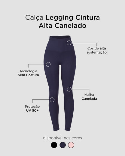 Calça Legging Cintura Alta Canelado Sem Costura Azul Marinho